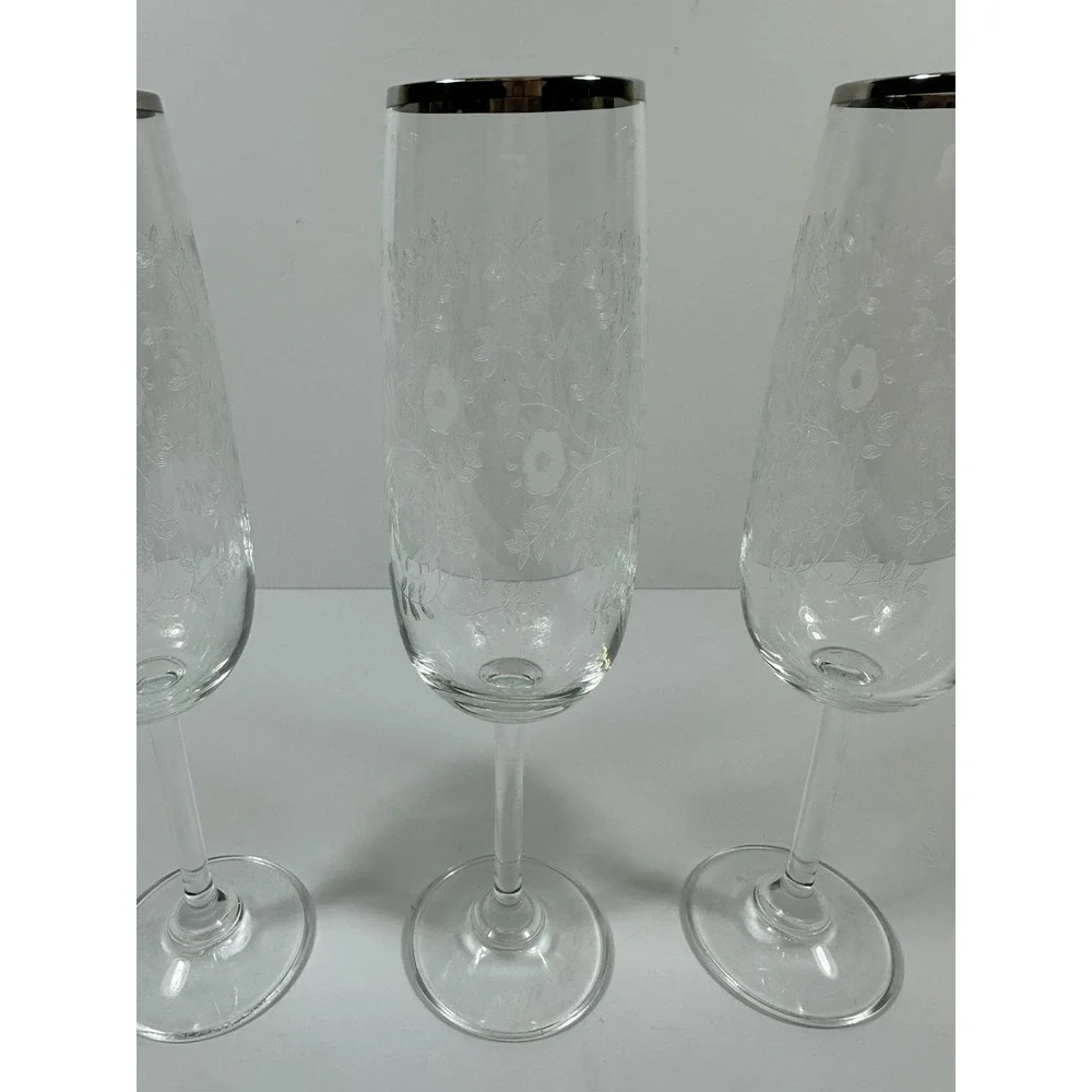 Etched Floral Champagne Glasses Platinum Silver Rim 8 1/4
